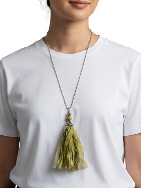 Hand Crafted Olive Green Silk Tassel Pendant Bohemian Festival Necklace NWT